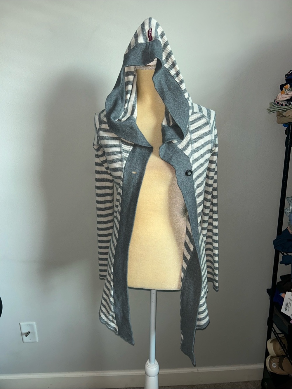 NEW Hard Tail Gray & White Striped Hooded Longline Cardigan Sz XS